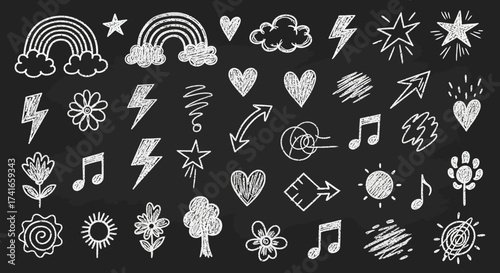 A Chalkboard Drawing Collection of Fun Icons and Symbols Featuring Rainbows Clouds Stars Hearts Flowers and Music Notes