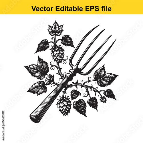 Vector art of handheld pitchfork with hops and leaves