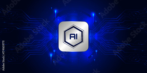 AI icon on Circuit Board: A sleek AI icon pulsates with energy, nestled upon a vibrant circuit board design, symbolizing the core of technological innovation and artificial intelligence.