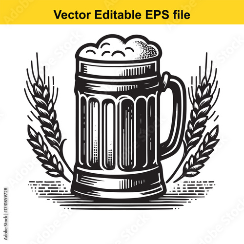 Vector art of beer mug with foamy head and wheat stalks