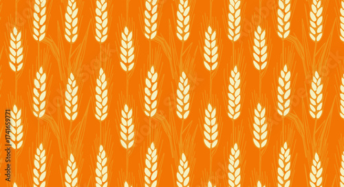 Seamless Pattern of Ripe Wheat Stalks on a Vibrant Orange Background a Representation of Agricultural Abundance and Harvest Season