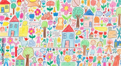 A Vibrant Collage of Childrens Drawings Featuring Houses Flowers Trees People Animals and Smiley Faces