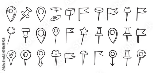 Pins hand drawn doodle set. Pin line drawing style for planner or map. Pins variable icons