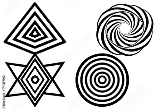 Set of four abstract geometric vector shapes black and white scalable illustration for design projects silhouette White background