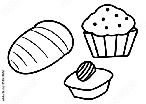 Set of 4 black vector food items bread loaf croissant muffin cupcake illustration scalable eps icon silhouette White background