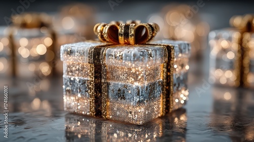 A beautifully wrapped gift box covered in ice and glitter sparkles with a golden ribbon and bow sitting on a reflective surface with festive lights