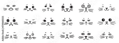 cute funny cat faces doodle hand drawn icon set. Outline drawing cats emotions different mood happy or sad line clipart symbol collection