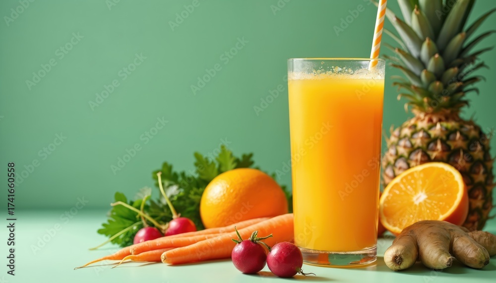 Fototapeta premium Tall glass of juice with straw near pineapple. There are fruits and vegetables like ginger orange carrot radish parsley near. It is healthy drink with vitamins for summer diet.