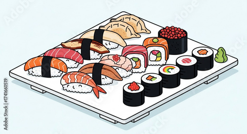 Assorted sushi and dumplings arranged on a white serving platter against a light blue background scene view
