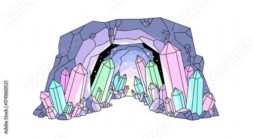 Illustration of a crystal cave entrance with pastel colored crystals and a starry sky background view