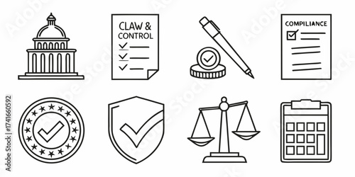 Minimal line art vector icons set representing law governance and compliance scalable eps illustration silhouette White background