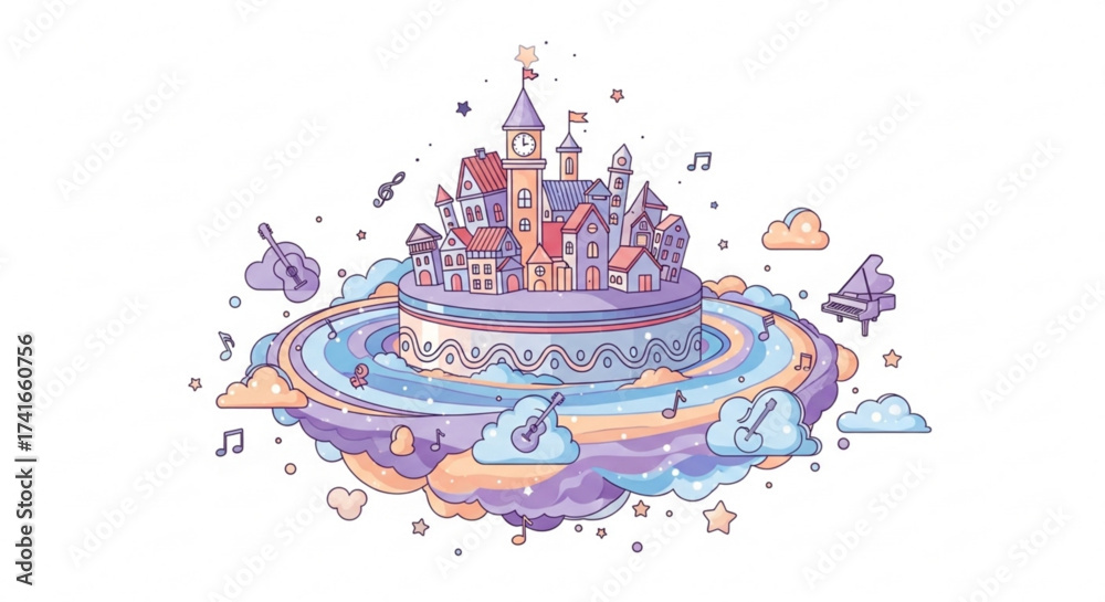 Fototapeta premium Illustration of a whimsical town on a cake surrounded by clouds and musical notes with instruments