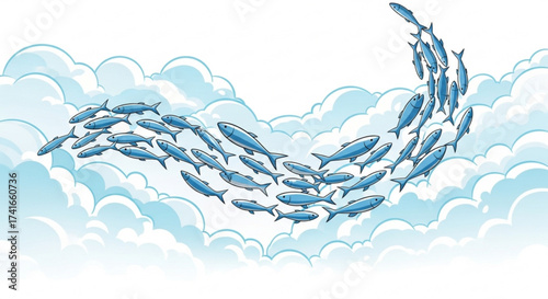 A school of blue fish swimming in a wave formation against a backdrop of cartoon style white clouds art
