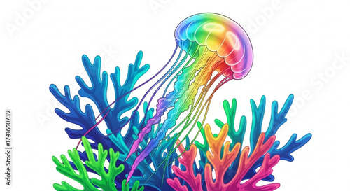 A colorful jellyfish with rainbow hues floating above vibrant coral formations in a marine ecosystem scene