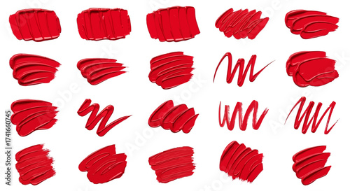 Collection of vibrant red paint brush strokes textures and abstract artistic smudges demonstrating various application techniques and creative expression