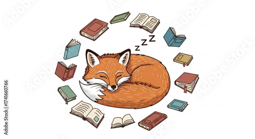A sleeping fox curled up in the center surrounded by a circle of various colorful books on a white background
