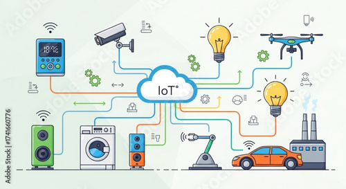 Illustration showing internet of things concept with various connected devices and a central cloud network