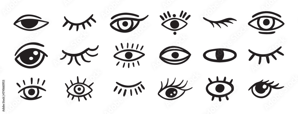 Obraz premium eyes and lashes doodle hand drawn icon set. Outline drawing line clipart symbol collection