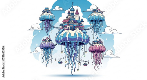 Illustration of a fantasy floating island city with jellyfish like structures and whimsical architecture