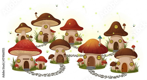 A delightful illustration of mushroom houses with stone paths and fireflies in a whimsical setting scene
