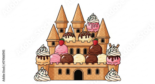Illustration of a whimsical ice cream castle with cone towers and strawberry topped scoops of ice cream