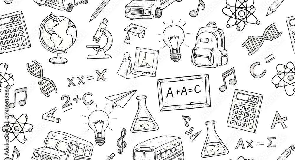 Obraz premium A Whimsical Collage of Educational Icons and School Supplies Creating a Playful Pattern for Learning and Discovery