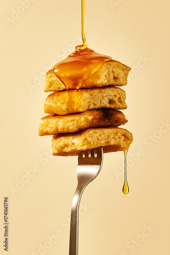 Stack of fluffy pancakes with dripping syrup on a fork, isolated background