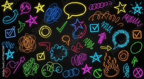 Collection of Neon Doodle Elements Such As Stars Speech Bubbles Arrows Scribbles And Fire Graphics