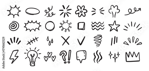 Expression sign hand drawn doodle set for concept design. Expression elements isolated on white background.