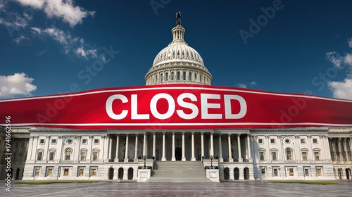 U.S. Capitol with giant closed banner symbolizing American government shutdown and political crisis © ink drop