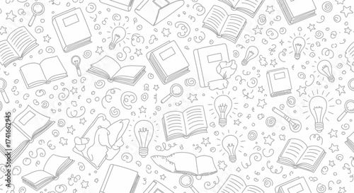 A Whimsical Collection of Hand Drawn Books Lightbulbs Magnifying Glasses and Stars Forming a Creative Pattern for Educational Themes