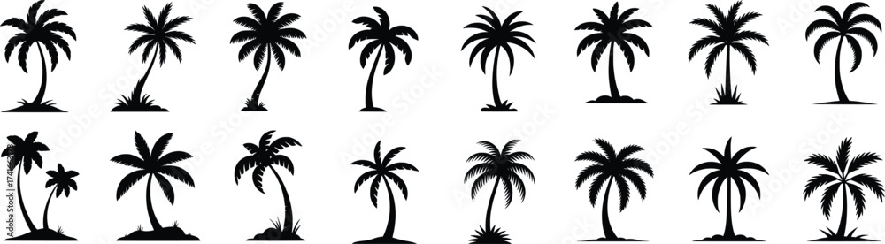 Obraz premium Tropical Palm Tree Silhouette Vector Icon Set 