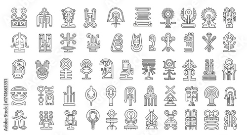 A Diverse Collection of Abstract Geometric Symbols and Icons Representing Futuristic Concepts and Ancient Runes