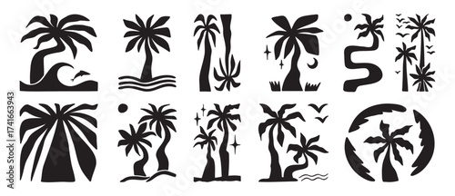 Doodle hand drawn palms boho trendy bold silhouette elements, hippie palm tree poster icon set