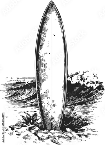Surfboard sketch hand drawn on beach with ocean waves and sand plants — stock vector
