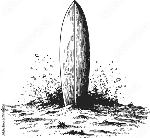 Surfboard sketch hand drawn style standing upright in sand with splashes — stock vector