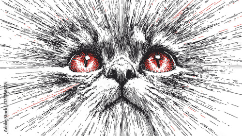 Cat face sketch hand drawn with red eyes and dynamic line burst — stock vector