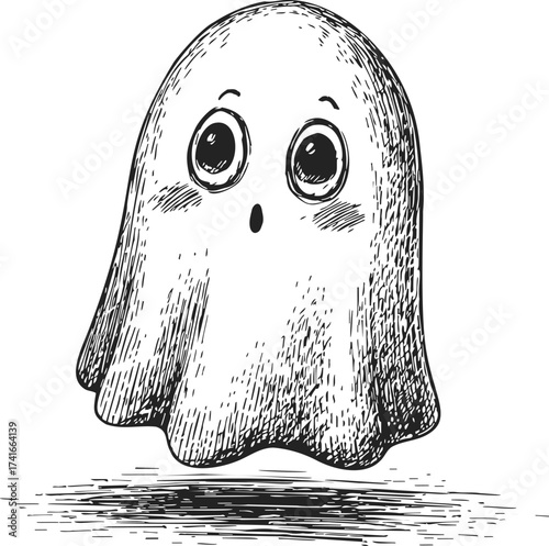 Cute ghost sketch hand drawn style with big eyes floating above ground — stock vector