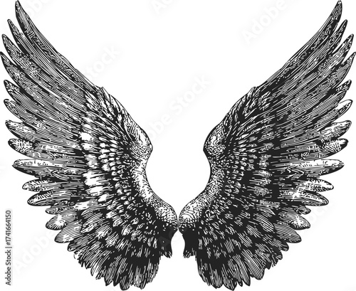 Angel wings sketch hand drawn style detailed feathered open wings — stock vector