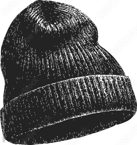 Beanie hat sketch, hand drawn winter knit cap with folded brim — stock vector