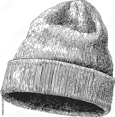 Beanie hat sketch, hand drawn winter knit cap with folded brim — stock vector