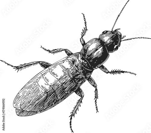 Cockroach sketch hand drawn insect detailed black and white illustration — stock vector