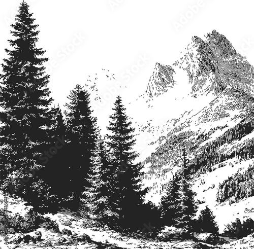 Mountain landscape sketch, hand drawn pine trees and rocky peaks in black and white — stock vector