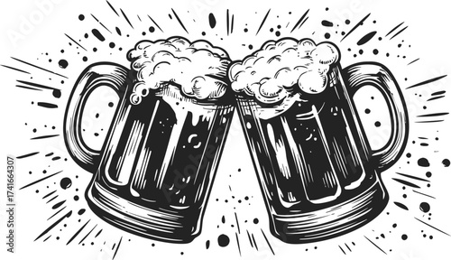 Beer mugs sketch hand drawn clinking with foam celebration scene — stock vector
