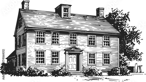 Colonial house sketch, hand drawn vector, classic two-story home with trees — stock vector