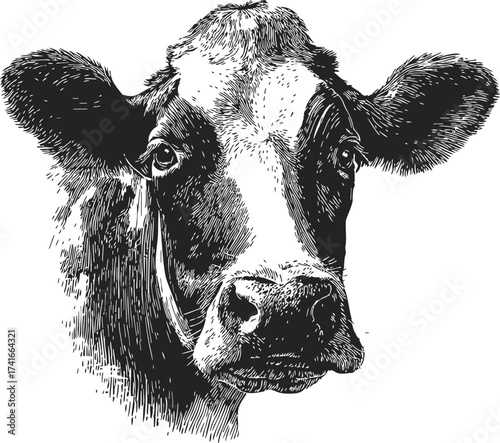 Cow head sketch, hand drawn black and white portrait, detailed realistic style — stock vector