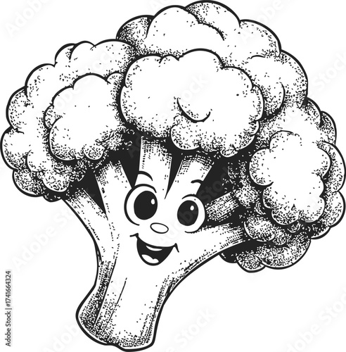 Broccoli sketch hand drawn cartoon vegetable with smiling face — stock vector