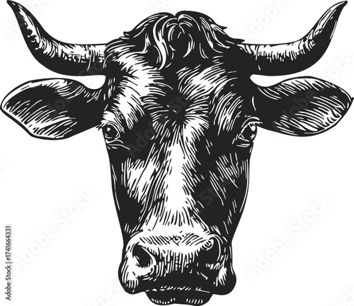 Cow head sketch hand drawn front view detailed monochrome illustration — stock vector
