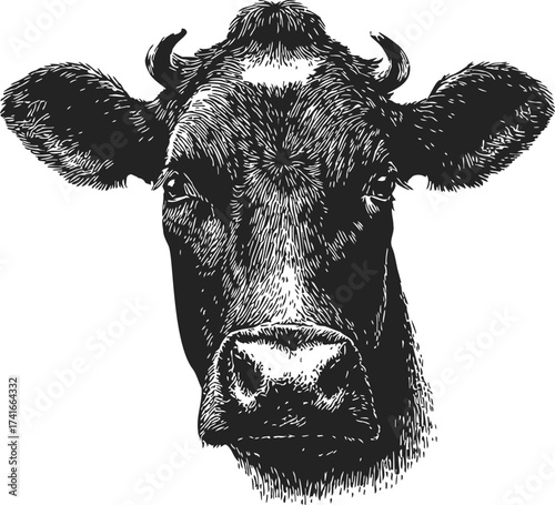 Cow head sketch, hand drawn vector, detailed black and white portrait — stock vector