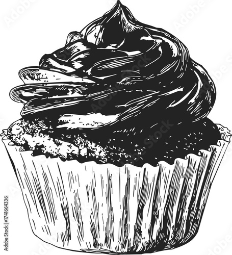 Cupcake sketch hand drawn style with detailed frosting and paper wrapper — stock vector